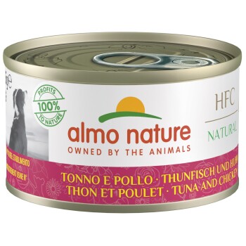 Almo Nature Haustierfutterdose, die eine Hundesilhouette zeigt, mit der Bezeichnung "Thunfisch und Huhn" in mehreren Sprachen, mit einem "100% to Nature"-Logo.